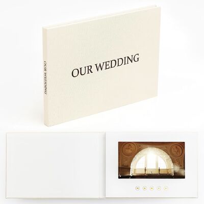 OUR WEDDING Video Book, Linen Cover with 7 Inch Screen, Plays Videos and Photos, 4GB Memory, Rechargeable, Wedding Gift for Couples